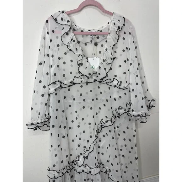 GANNI Ruffled Chiffon Midi Dress White Polka Dot 40/US 10 Half Sleeve V-Neck
